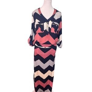 NWOT Rue21 Chevron Maxi Skirt Set - Pink, Navy Blue, Cream Size Medium